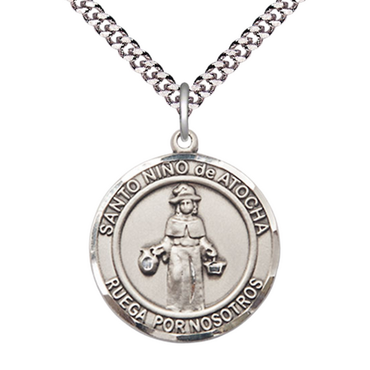 Mens 1 x 7/8" Round Pewter Nino de Atocha Medal Pendant on 24 Inch Rhodium Plated Heavy Curb Brass Chain with Lobster Claw clasp, Catholic Religious Necklace - Made in USA- Deluxe Velvet Gift Box