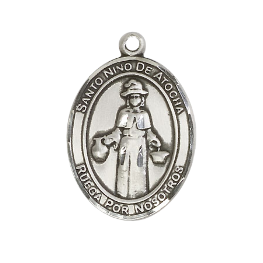 Spanish Script Women's .925 Sterling Silver Nino de Atocha Medal Pendant on 18 Inch Rhodium Plated Lite Curb Brass Chain, Catholic Religious Necklace with Lobster Claw Clasp - Made in USA, Deluxe Velvet Gift Box