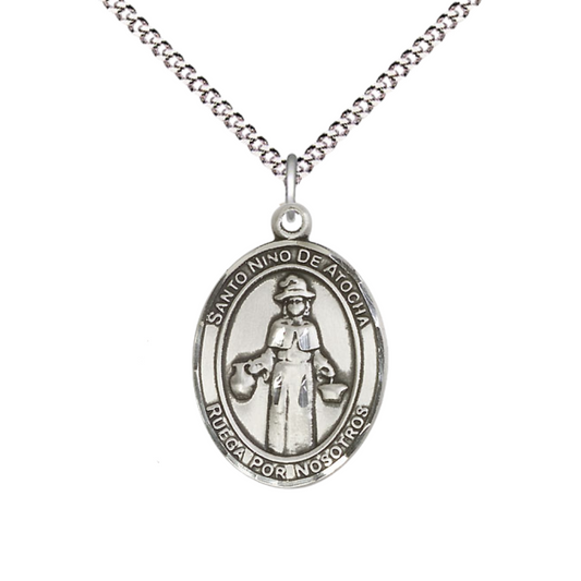 Spanish Script Women's .925 Sterling Silver Nino de Atocha Medal Pendant on 18 Inch Rhodium Plated Lite Curb Brass Chain, Catholic Religious Necklace with Lobster Claw Clasp - Made in USA, Deluxe Velvet Gift Box