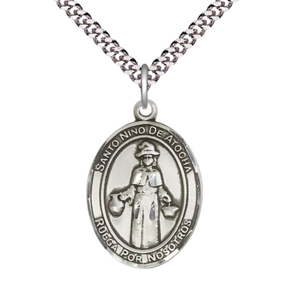 Everlasting Light Jewelry Spanish Script Men's .925 Sterling Silver Nino de Atocha Medal Pendant on 24 Inch Endless Rhodium Plated Heavy Curb Chain,Catholic Religious Necklace -Made in USA, Deluxe Velvet Gift Box.