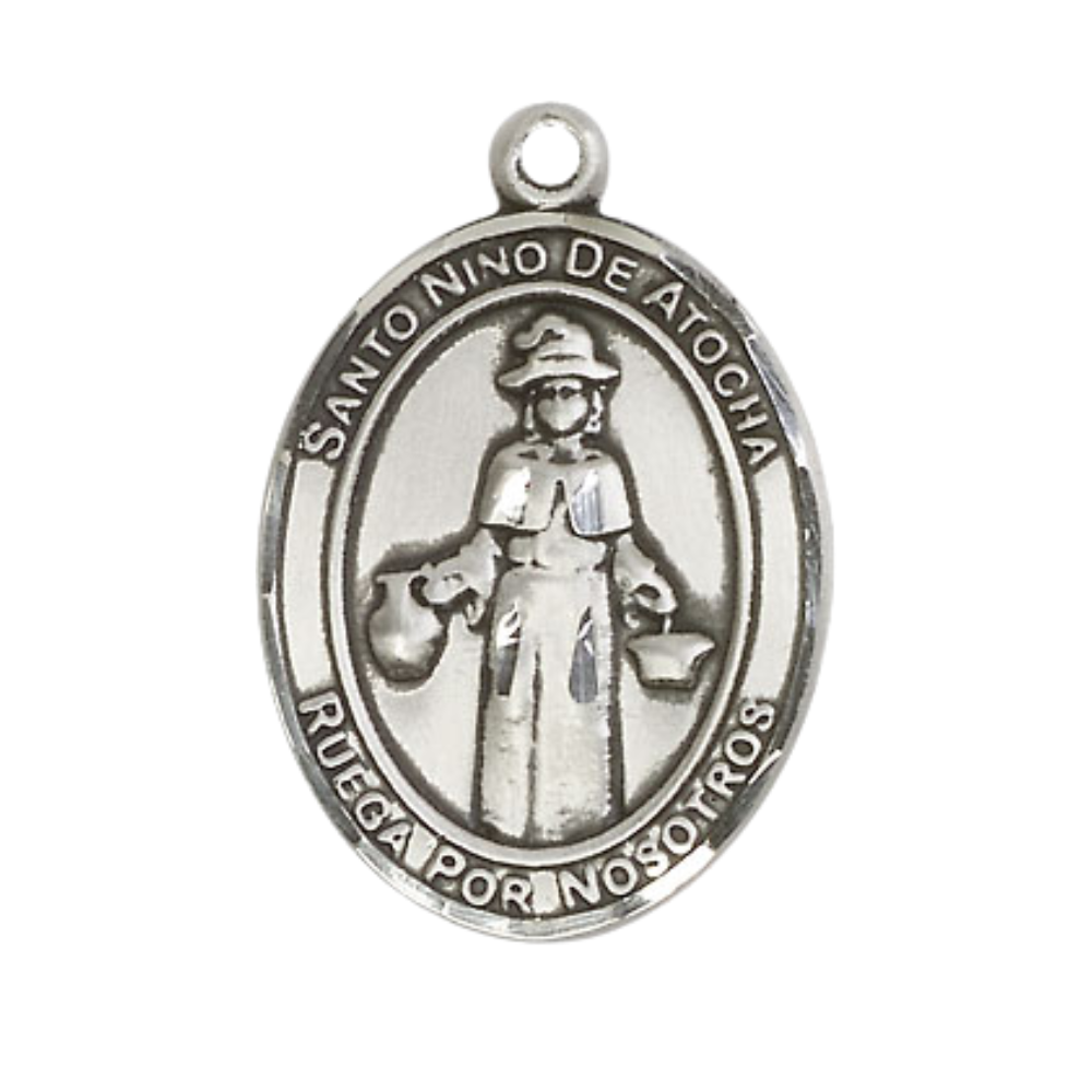 Mens 1 x 3/4" Oval Pewter Nino de Atocha Medal Pendant on 24 Inch Rhodium Plated Heavy Curb Brass Chain with Lobster Claw clasp, Catholic Religious Necklace - Made in USA - Deluxe Velvet Gift Box