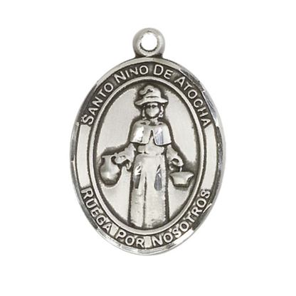 Mens 1 x 3/4" Oval Pewter Nino de Atocha Medal Pendant on 24 Inch Rhodium Plated Heavy Curb Brass Chain with Lobster Claw clasp, Catholic Religious Necklace - Made in USA - Deluxe Velvet Gift Box