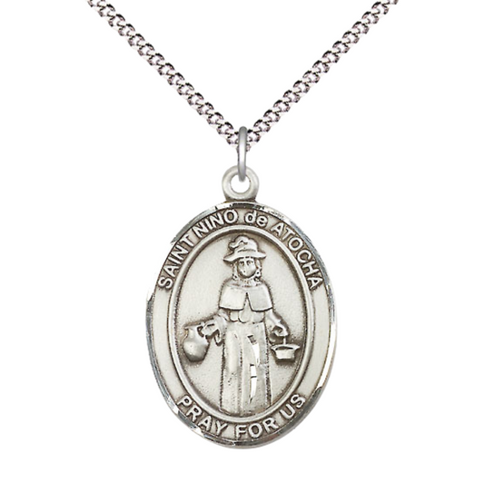 Spanish Script Women's .925 Sterling Silver Nino de Atocha Medal Pendant on 18 Inch Rhodium Plated Lite Curb Brass Chain, Catholic Religious Necklace with Lobster Claw Clasp - Made in USA, Deluxe Velvet Gift Box