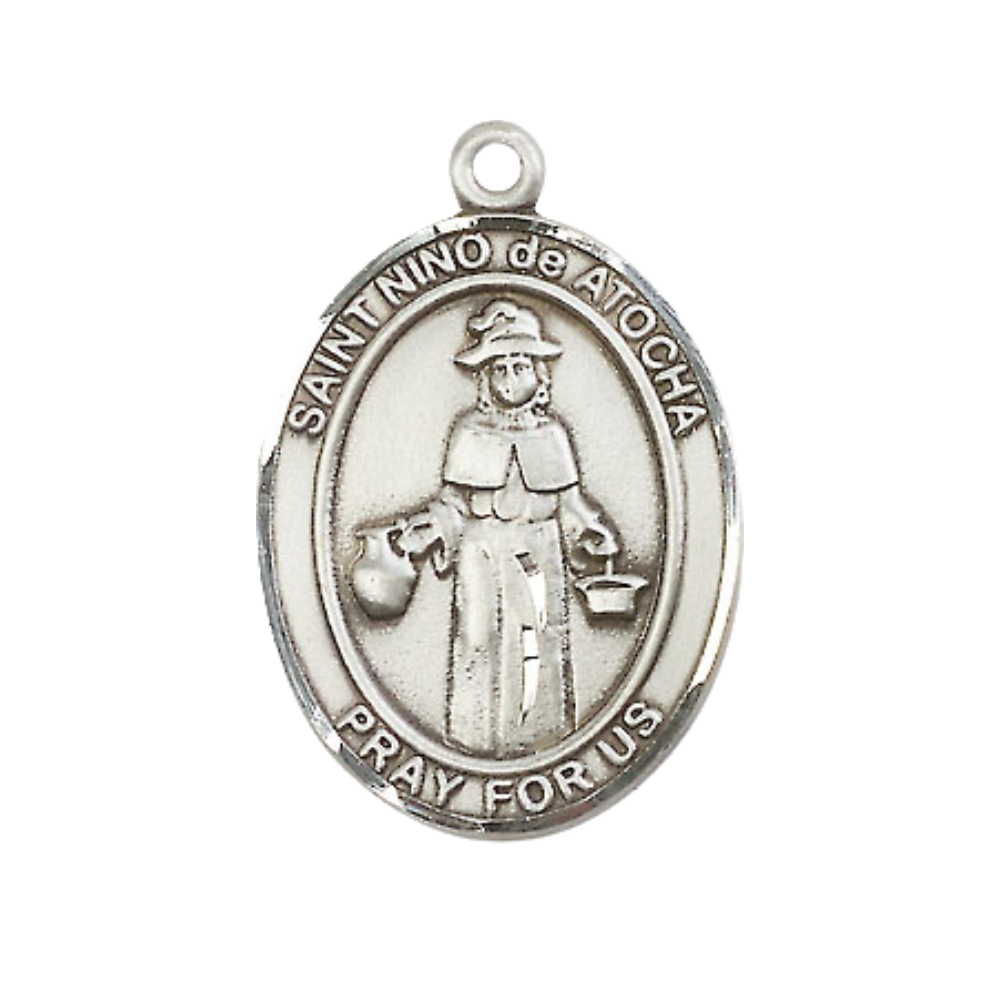 Spanish Script Women's .925 Sterling Silver Nino de Atocha Medal Pendant on 18 Inch Rhodium Plated Lite Curb Brass Chain, Catholic Religious Necklace with Lobster Claw Clasp - Made in USA, Deluxe Velvet Gift Box