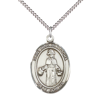 Spanish Script Women's Pewter Nino de Atocha Medal Pendant on 18 Inch Rhodium Plated Lite Curb Brass Chain, Catholic Religious Necklace with Lobster Claw Clasp - Made in USA - with Deluxe Velvet Gift Box
