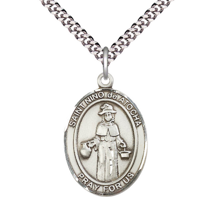 Everlasting Light Jewelry Spanish Script Men's Pewter Nino de Atocha Medal Pendant on 24 Inch Endless Rhodium Plated Heavy Curb Chain, Catholic Religious Necklace - Made in USA, Comes in Deluxe Velvet Gift Box
