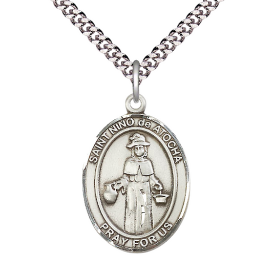 Everlasting Light Jewelry Spanish Script Men's .925 Sterling Silver Nino de Atocha Medal Pendant on 24 Inch Endless Rhodium Plated Heavy Curb Chain, Catholic Religious Necklace - Made in USA, Deluxe Velvet Gift Box
