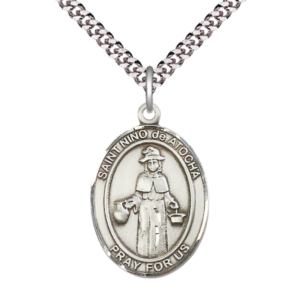 Mens 1 x 3/4" Oval Pewter Nino de Atocha Medal Pendant on 24 Inch Rhodium Plated Heavy Curb Brass Chain with Lobster Claw clasp, Catholic Religious Necklace - Made in USA- Deluxe Velvet Gift Box