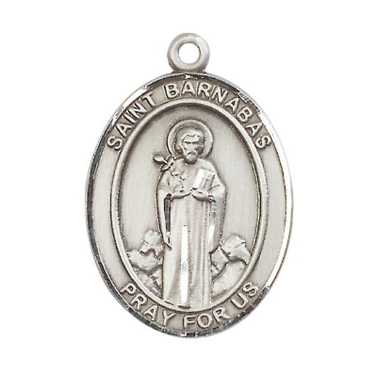 Mens Oval .925 Sterling Silver Saint St. Barnabas Medal Pendant on 24 Inch Rhodium Plated Heavy Curb Brass Chain with Lobster Claw clasp, Catholic Religious Necklace - Made in USA- Velvet Gift Box