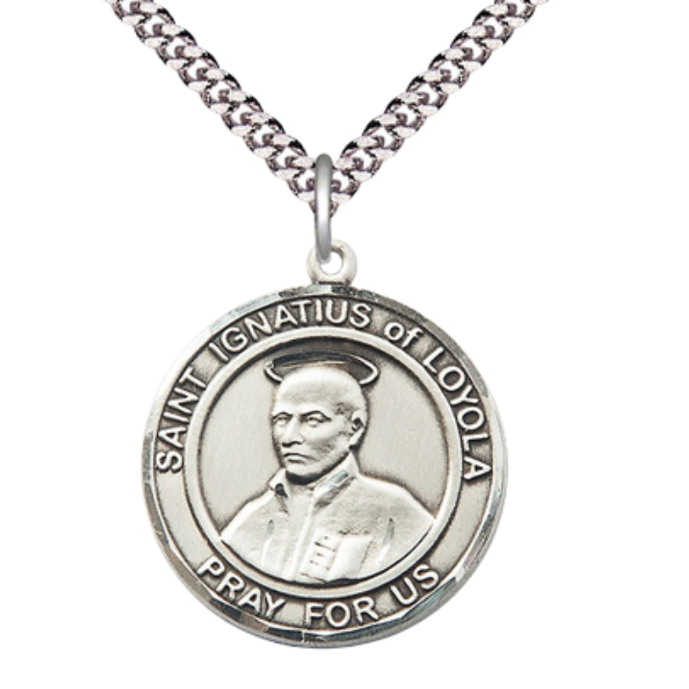 Mens Round Pewter Saint St. Ignatius of Loyola Medal Pendant on 24 Inch Rhodium Plated Heavy Curb Brass Chain with Lobster Claw clasp, Catholic Religious Necklace - Made in USA- Velvet Gift Box
