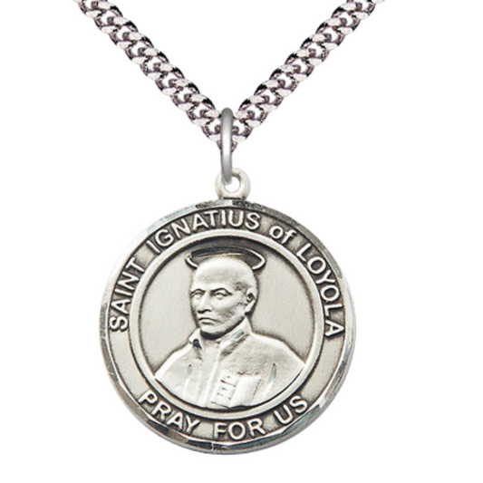 Mens Round Pewter Saint St. Ignatius of Loyola Medal Pendant on 24 Inch Rhodium Plated Heavy Curb Brass Chain with Lobster Claw clasp, Catholic Religious Necklace - Made in USA- Velvet Gift Box