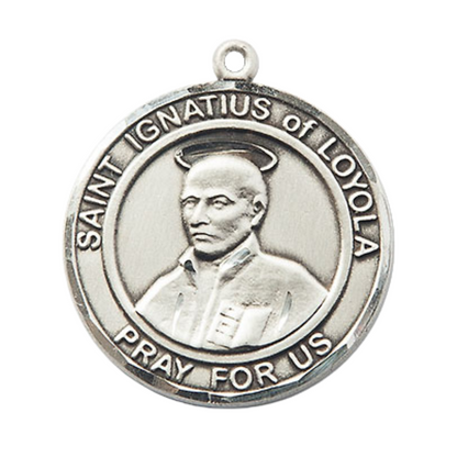 Mens Round Pewter Saint St. Ignatius of Loyola Medal Pendant on 24 Inch Rhodium Plated Heavy Curb Brass Chain with Lobster Claw clasp, Catholic Religious Necklace - Made in USA- Velvet Gift Box