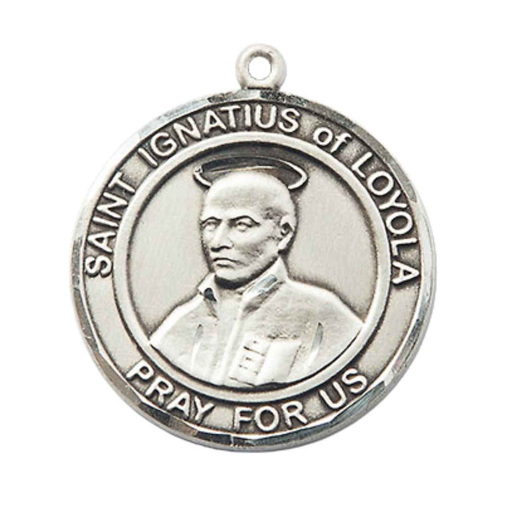 Mens .925 Sterling Silver Saint St. Ignatius of Loyola Medal Pendant on 24 Inch Rhodium Plated Heavy Curb Brass Chain with Lobster Claw clasp, Catholic Religious Necklace - Made in USA- Velvet Gift Box