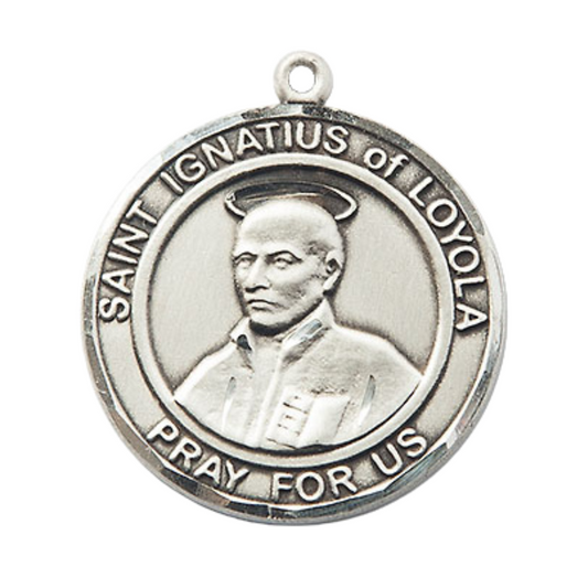 Mens .925 Sterling Silver Saint St. Ignatius of Loyola Medal Pendant on 24 Inch Rhodium Plated Heavy Curb Brass Chain with Lobster Claw clasp, Catholic Religious Necklace - Made in USA- Velvet Gift Box