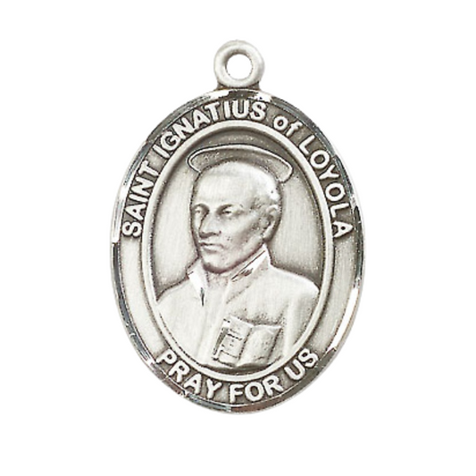 Mens .925 Sterling Silver Saint St. Ignatius of Loyola Medal Pendant on 24 Inch Rhodium Plated Heavy Curb Brass Chain with Lobster Claw clasp, Catholic Religious Necklace - Made in USA- Velvet Gift Box