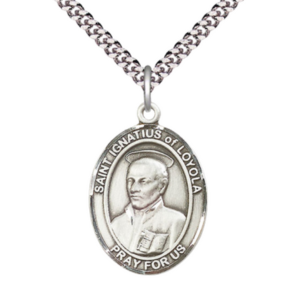 Saint St. Ignatius of Loyola Medal Necklace– Men's .925 Sterling Silver Pendant on 24 Inch Light Rhodium Plated Heavy Curb Chain – Catholic Patron Saint St. of Soldiers – Velvet Gift Box Included