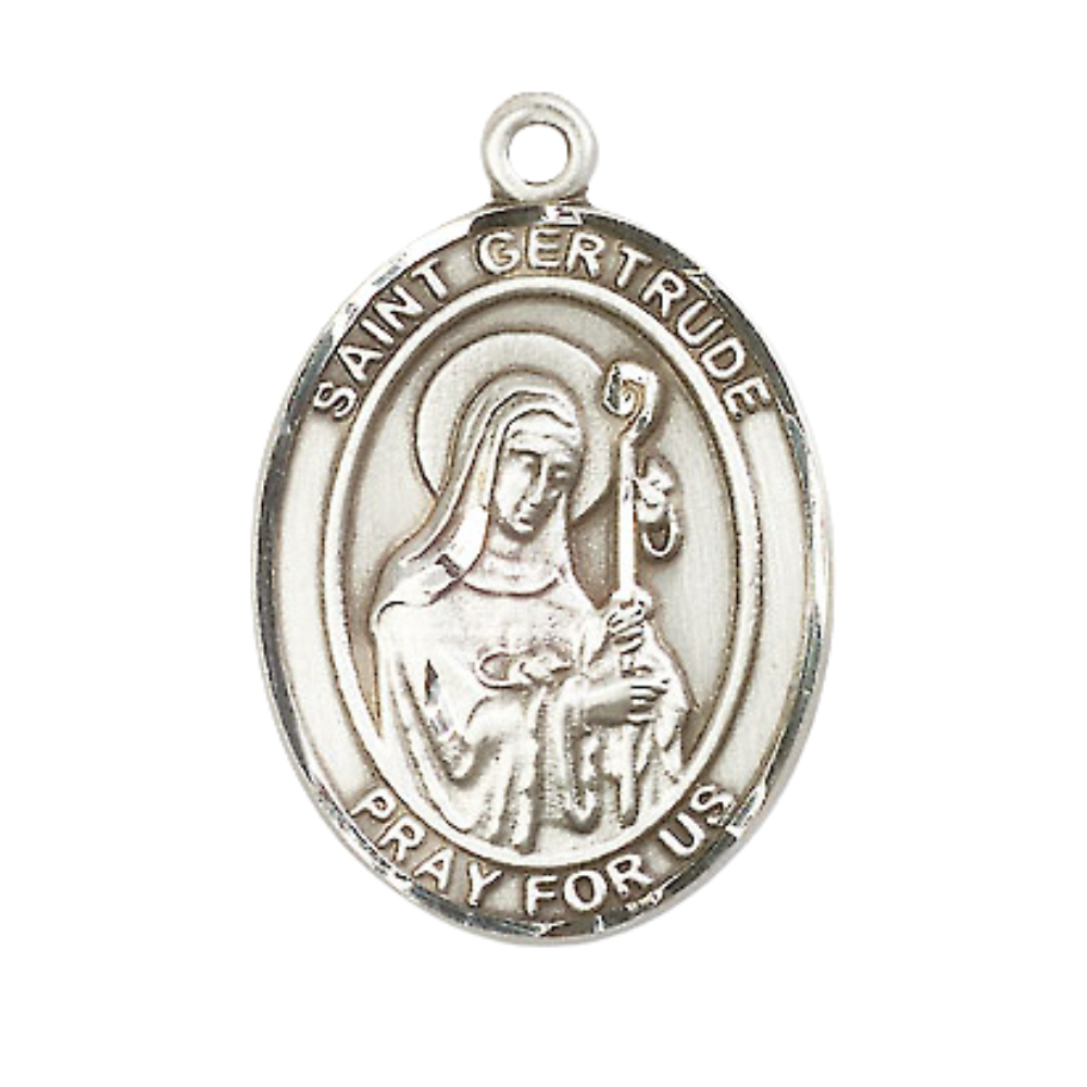 Women's .925 Sterling Silver Saint St. Gertrude of Nivelles Medal Pendant on 18 Inch Rhodium Plated Lite Curb Brass Chain w/ Lobster Claw Clasp, Catholic Religious Necklace - Made in USA- Velvet Gift Box