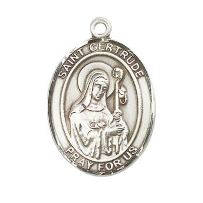 Women's .925 Sterling Silver Saint St. Gertrude of Nivelles Medal Pendant on 18 Inch Rhodium Plated Lite Curb Brass Chain w/ Lobster Claw Clasp, Catholic Religious Necklace - Made in USA- Velvet Gift Box