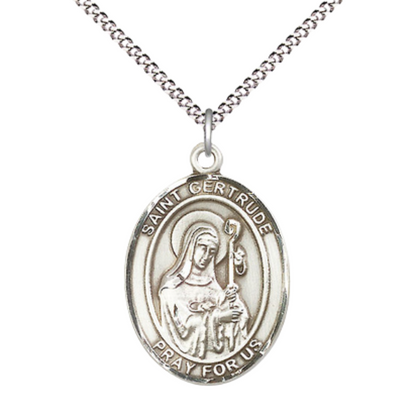 Women's .925 Sterling Silver Saint St. Gertrude of Nivelles Medal Pendant on 18 Inch Rhodium Plated Lite Curb Brass Chain w/ Lobster Claw Clasp, Catholic Religious Necklace - Made in USA- Velvet Gift Box