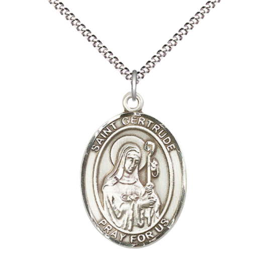 Women's .925 Sterling Silver Saint St. Gertrude of Nivelles Medal Pendant on 18 Inch Rhodium Plated Lite Curb Brass Chain w/ Lobster Claw Clasp, Catholic Religious Necklace - Made in USA- Velvet Gift Box