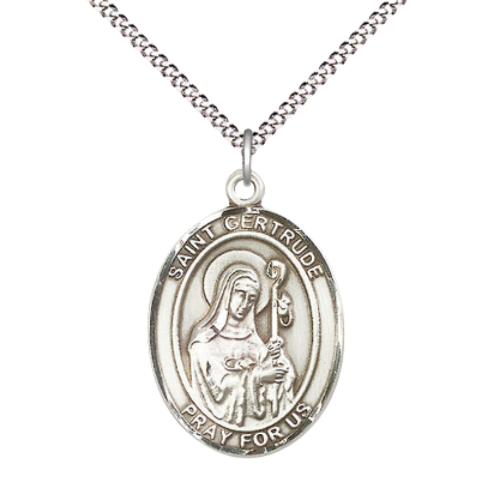 Women's Pewter Saint St. Gertrude of Nivelles Medal Pendant on 18 Inch Rhodium Plated Lite Curb Brass Chain w/ Lobster Claw Clasp, Catholic Religious Necklace - Made in USA- Deluxe Velvet Gift Box