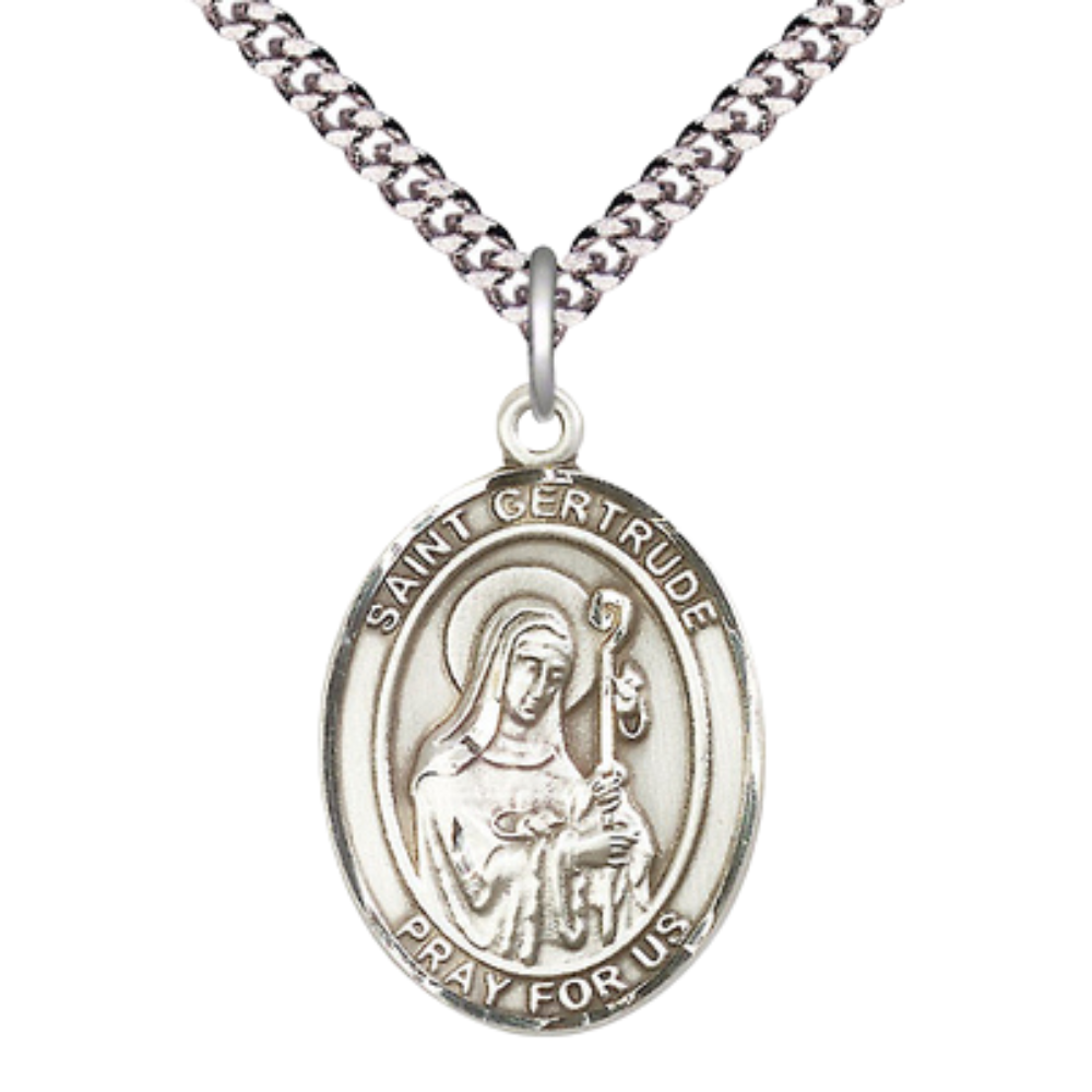 Mens Oval Pewter Saint St. Gertrude of Nivelles Medal Pendant on 24 Inch Rhodium Plated Heavy Curb Brass Chain with Lobster Claw clasp, Catholic Religious Necklace - Made in USA- Velvet Gift Box