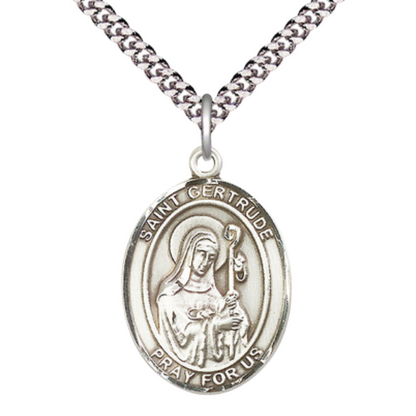 Saint St. Gertrude of Nivelles Medal Necklace – 24 Inch Endless Light Rhodium Plated plated Chain – Patron Saint St. of Accommodations & Cats – Exquisite Catholic Religious Jewelry in Velvet Gift Box