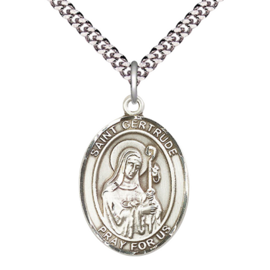 Saint St. Gertrude of Nivelles Medal Necklace – 24 Inch Endless Light Rhodium Plated plated Chain – Patron Saint St. of Accommodations & Cats – Exquisite Catholic Religious Jewelry in Velvet Gift Box