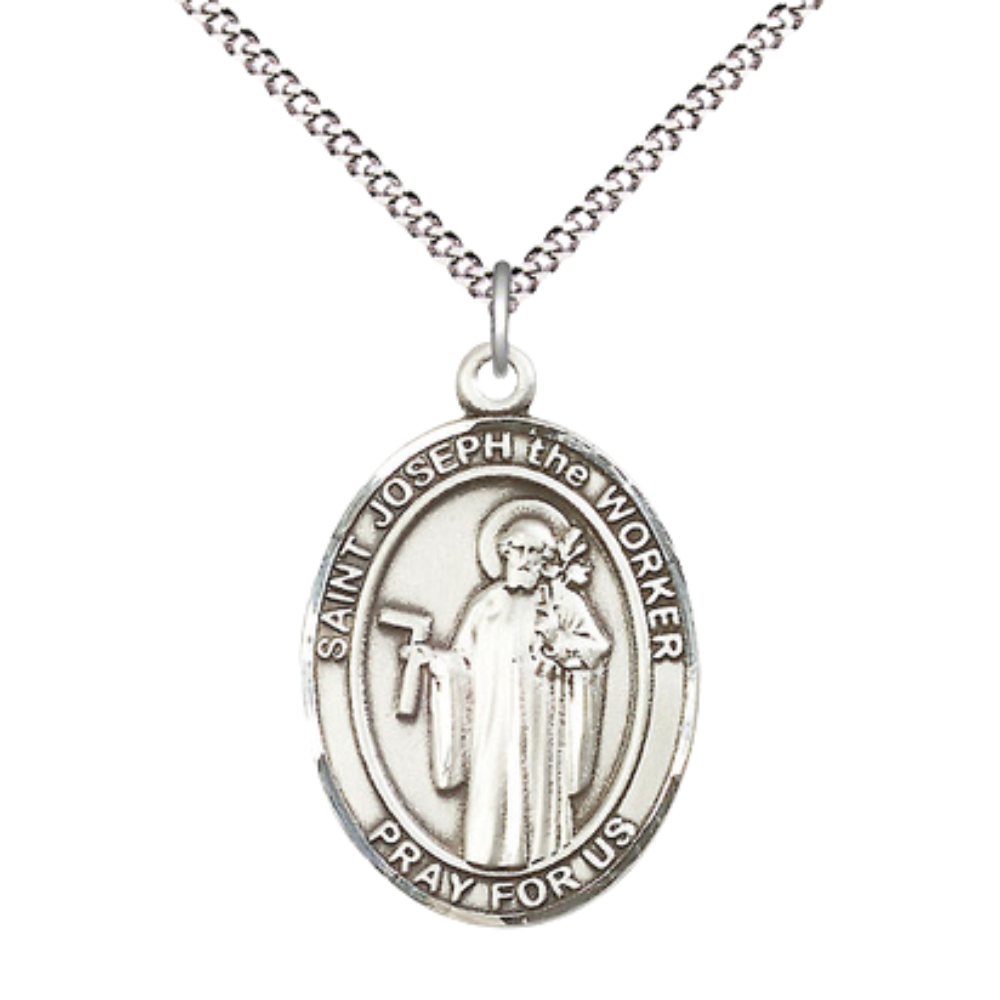 Women's Pewter Saint St. Joseph the Worker Medal Pendant on 18 Inch Rhodium Plated Lite Curb Brass Chain w/Lobster Claw Clasp, Catholic Religious Necklace - Made in USA- Deluxe Velvet Gift Box