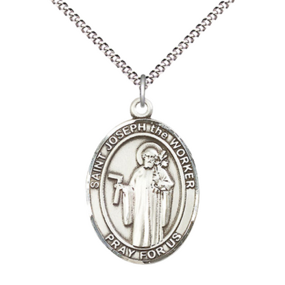 Women's .925 Sterling Silver Saint St. Joseph the Worker Medal Pendant on 18 Inch Rhodium Plated Lite Curb Brass Chain w/Lobster Claw Clasp, Catholic Religious Necklace - Made in USA- Deluxe Velvet Gift Box