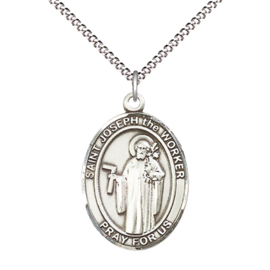 Women's .925 Sterling Silver Saint St. Joseph the Worker Medal Pendant on 18 Inch Rhodium Plated Lite Curb Brass Chain w/Lobster Claw Clasp, Catholic Religious Necklace - Made in USA- Deluxe Velvet Gift Box