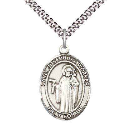 Mens Oval Pewter Saint St. Joseph the Worker Medal Pendant on 24 Inch Rhodium Plated Heavy Curb Brass Chain with Lobster Claw clasp, Catholic Religious Necklace - Made in USA - Deluxe Velvet Gift Box