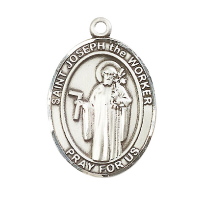 Saint Joseph the Worker Medal Necklace– Men's Sterling Silver Pendant on 24” Light Rhodium Plated Heavy Curb Chain – Catholic Patron Saint of Workers – Velvet Gift Box Included
