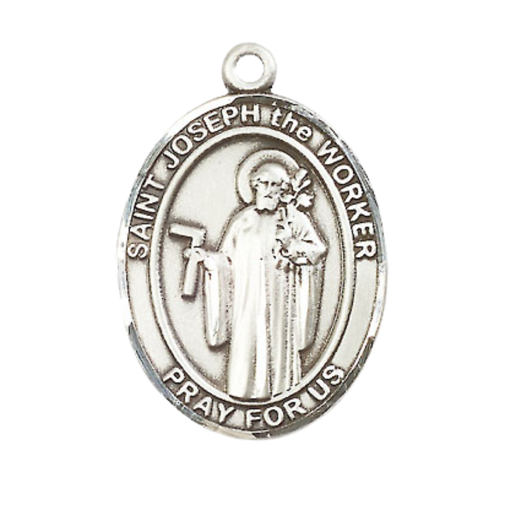 Mens .925 Sterling Silver Saint St. Joseph the Worker Medal Pendant on 24 Inch Rhodium Plated Heavy Curb Brass Chain with Lobster Claw clasp, Catholic Religious Necklace - Made in USA- Velvet Gift Box