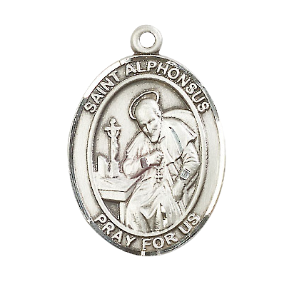 Women's .925 Sterling Silver Saint St. Alphonsus Medal Pendant on 18 Inch Rhodium Plated Lite Curb Brass Chain w/ Lobster Claw Clasp, Catholic Religious Necklace - Made in USA- Deluxe Velvet Gift Box