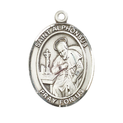 Women's Pewter Saint St. Alphonsus Medal Pendant on 18 Inch Rhodium Plated Lite Curb Brass Chain w/Lobster Claw Clasp, Catholic Religious Necklace - Made in USA- Deluxe Velvet Gift Box