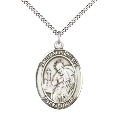 Women's Pewter Saint St. Alphonsus Medal Pendant on 18 Inch Rhodium Plated Lite Curb Brass Chain w/Lobster Claw Clasp, Catholic Religious Necklace - Made in USA- Deluxe Velvet Gift Box