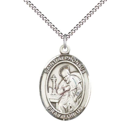 Women's Pewter Saint St. Alphonsus Medal Pendant on 18 Inch Rhodium Plated Lite Curb Brass Chain w/Lobster Claw Clasp, Catholic Religious Necklace - Made in USA- Deluxe Velvet Gift Box