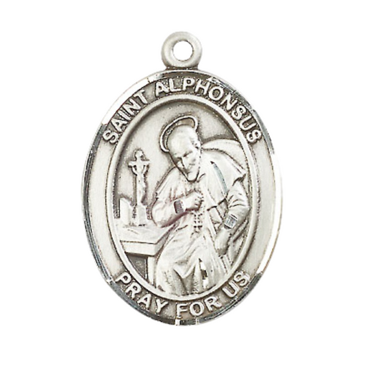 Mens Oval .925 Sterling Silver Saint Alphonsus Medal Pendant on 24" Rhodium Plated Heavy Curb Brass Chain with Lobster Claw clasp, Catholic Religious Necklace -Made in USA- Velvet Gift Box