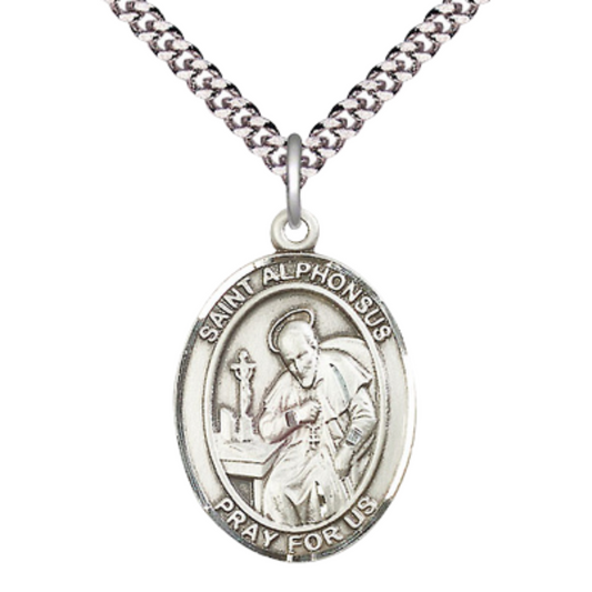 Saint Alphonsus Men's Medal Necklace – 24" Endless Light Rhodium Plated Heavy Curb Chain – Patron Saint of Confessors & Theologians – Exquisite Religious Jewelry in Velvet Gift Box