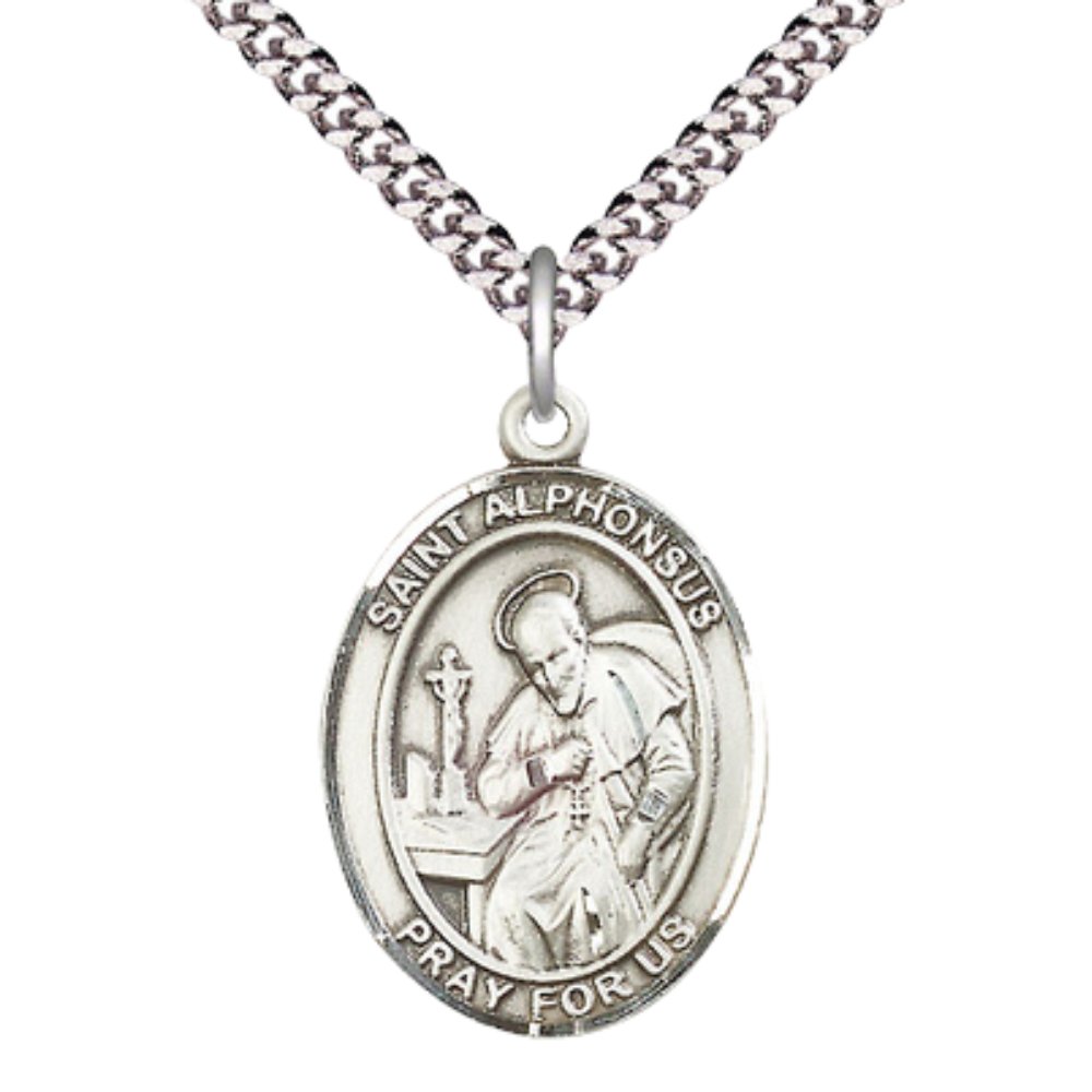 Mens 1 x 3/4" Oval Pewter Saint St. Alphonsus Medal Pendant on 24 Inch Rhodium Plated Heavy Curb Brass Chain with Lobster Claw clasp, Catholic Religious Necklace - Made in USA- Deluxe Velvet Gift Box
