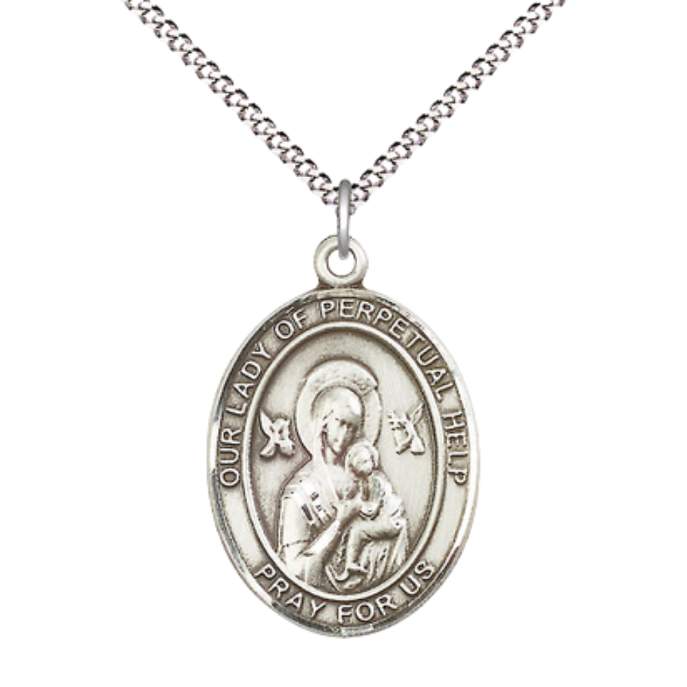 Women's Pewter Our Lady of Perpetual Help Medal Pendant on 18 Inch Rhodium Plated Lite Curb Brass Chain w/ Lobster Claw Clasp, Catholic Religious Necklace - Made in USA- Deluxe Velvet Gift Box