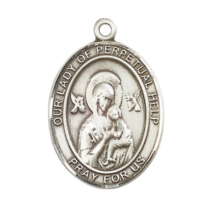 Mens Sterling Silver Our Lady of Perpetual Help Medal Pendant on 24" Rhodium Plated Heavy Curb Brass Chain w/ Lobster Claw clasp, Catholic Religious Necklace -Made in USA- Velvet Gift Box