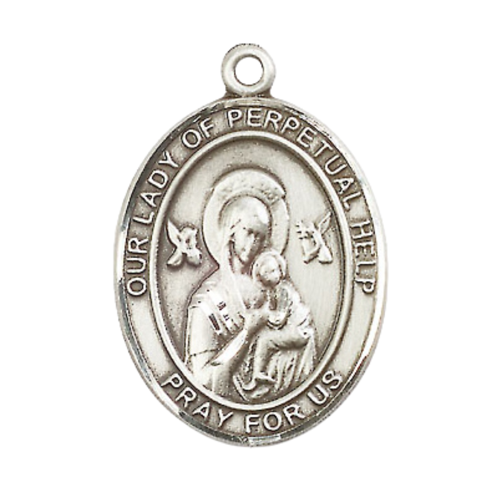 Mens Oval Pewter Our Lady of Perpetual Help Medal Pendant on 24 Inch Rhodium Plated Heavy Curb Brass Chain with Lobster Claw clasp, Catholic Religious Necklace - Made in USA- Velvet Gift Box