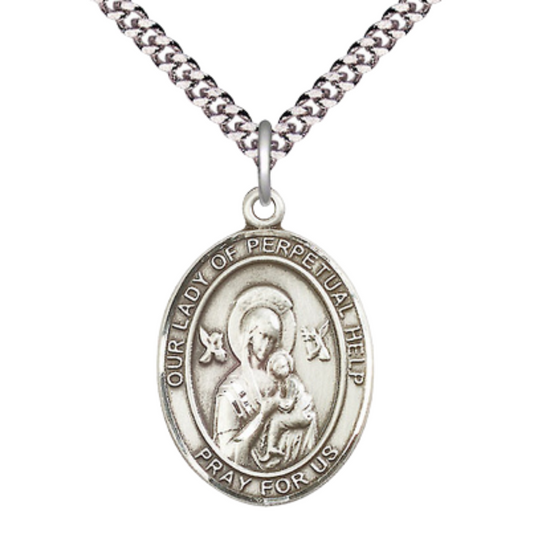 Mens Oval Pewter Our Lady of Perpetual Help Medal Pendant on 24 Inch Rhodium Plated Heavy Curb Brass Chain with Lobster Claw clasp, Catholic Religious Necklace - Made in USA- Velvet Gift Box