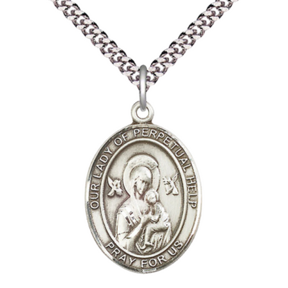 Our Lady of Perpetual Help Medal Necklace – 24 Inch Endless Light Rhodium Plated plated Chain – Patron Saint St. of Never Failing Hope – Exquisite Catholic Religious Jewelry in Velvet Gift Box
