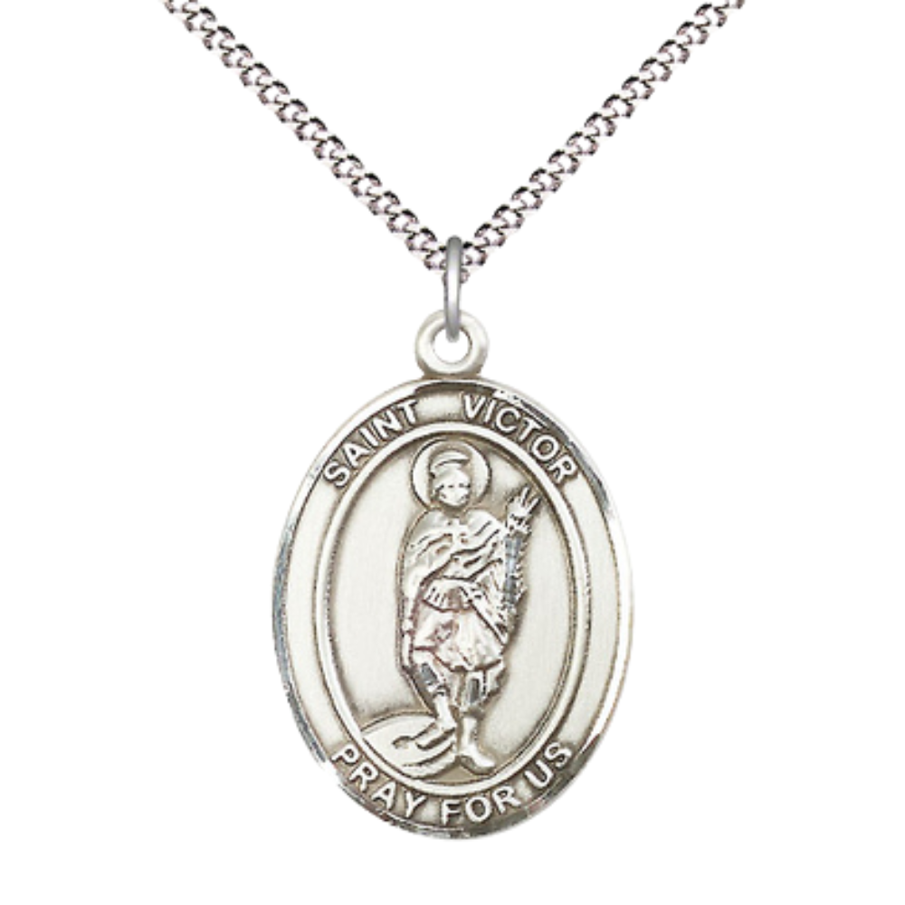 Women's Pewter Saint St. Victor of Marseilles Medal Pendant on 18 Inch Rhodium Plated Lite Curb Brass Chain w/ Lobster Claw Clasp, Catholic Religious Necklace - Made in USA- Deluxe Velvet Gift Box