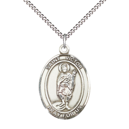 Women's .925 Sterling Silver Saint St. Victor of Marseilles Medal Pendant on 18 Inch Rhodium Plated Lite Curb Brass Chain w/ Lobster Claw Clasp, Catholic Religious Necklace - Made in USA- Velvet Gift Box