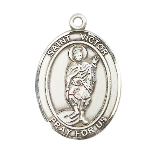 Mens .925 Sterling Silver Saint St. Victor of Marseilles Medal Pendant on 24 Inch Rhodium Plated Heavy Curb Brass Chain w/ Lobster Claw clasp, Catholic Religious Necklace - Made in USA- Velvet Gift Box