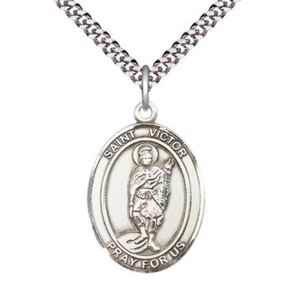 Mens Oval Pewter Saint St. Victor of Marseilles Medal Pendant on 24 Inch Rhodium Plated Heavy Curb Brass Chain with Lobster Claw clasp, Catholic Religious Necklace - Made in USA - Velvet Gift Box